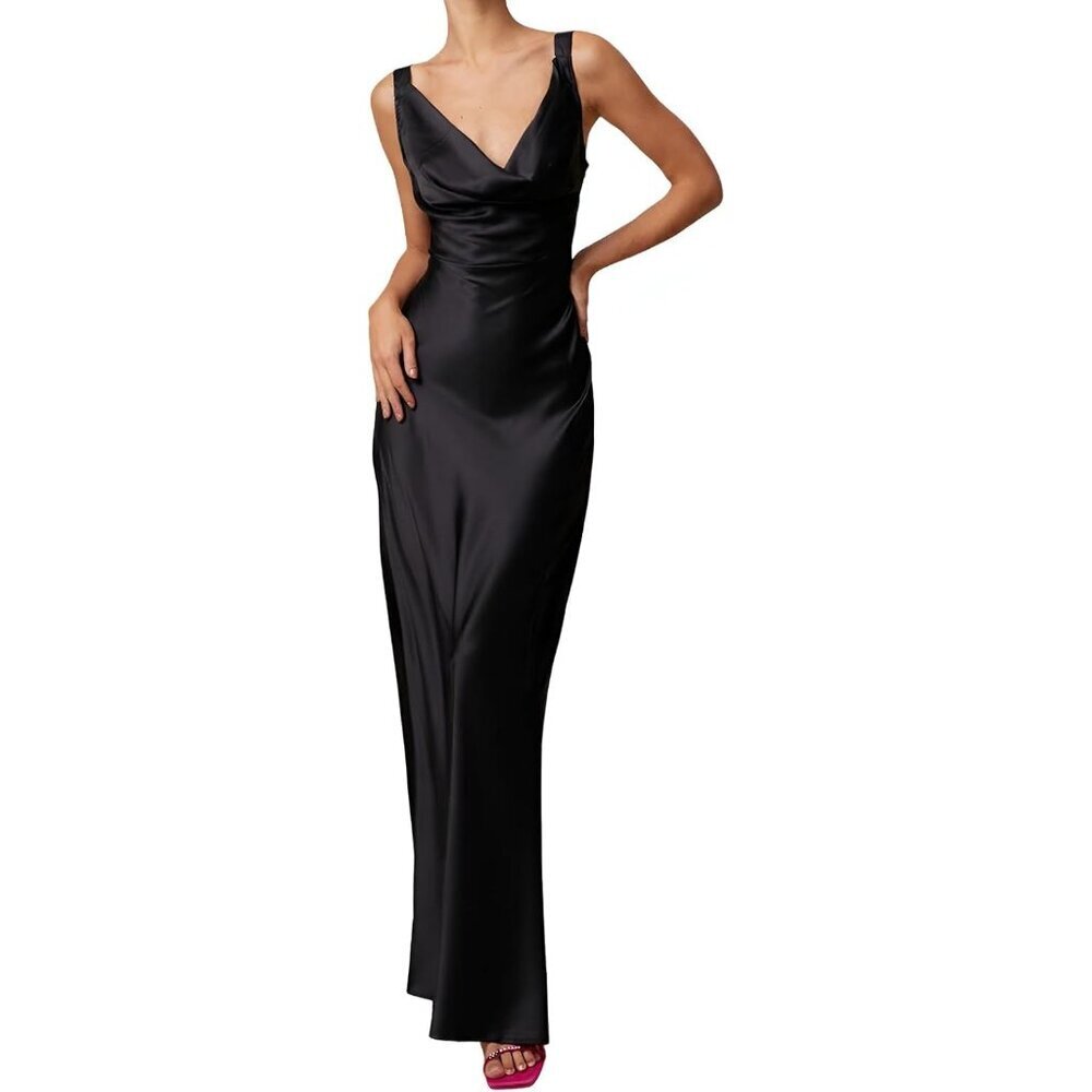 Women's Black Cowl Neck Satin Sleeveless Silk Elegant Formal Long Cocktail Maxi